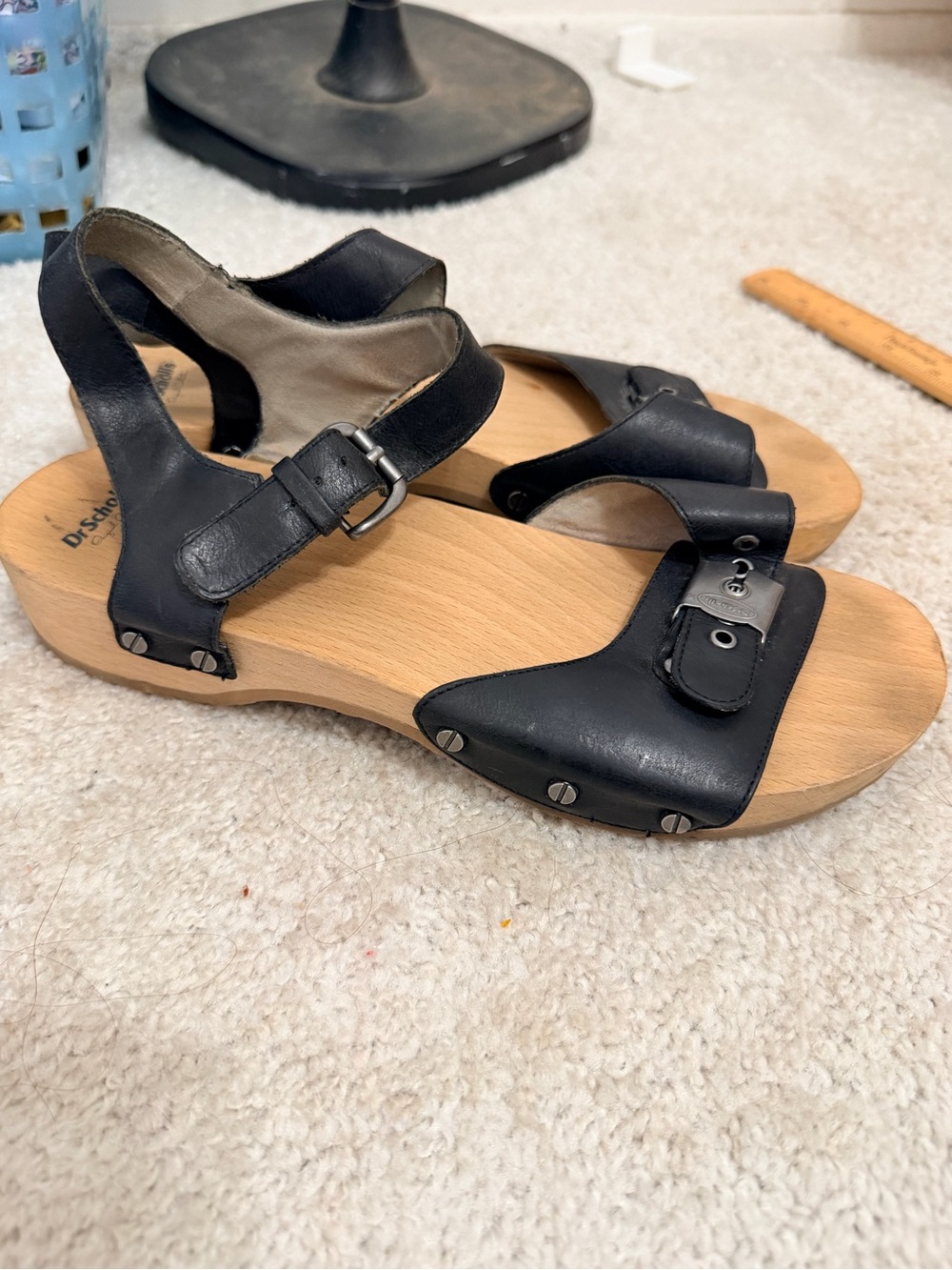 Dr. Scholl's Black Leather Wood-Seat Clog Sandals